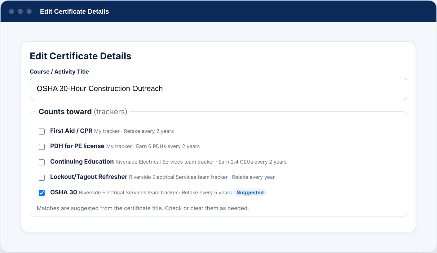 Certificate editor with the Counts toward checklist. OSHA 30 is pre-checked and marked Suggested because the certificate title contains OSHA 30.