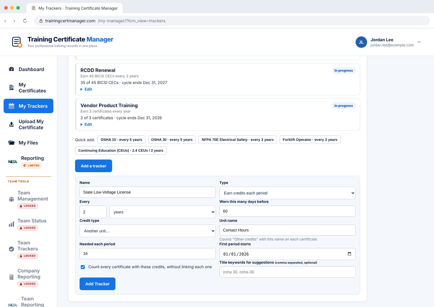Add a tracker form with Another unit chosen and the unit name Contact Hours.